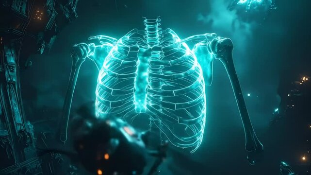 Glowing human skeleton render against dark backdrop