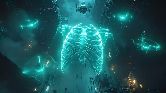 Glowing skeleton digital art composition