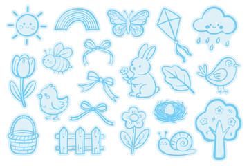 Cute whimsical hand drawn spring sticker collection with flowers, birds, bunny, butterfly, rainbow, sun, cloud, bee, snail and nature elements in soft pastel blue flat vector style, perfect for kids d