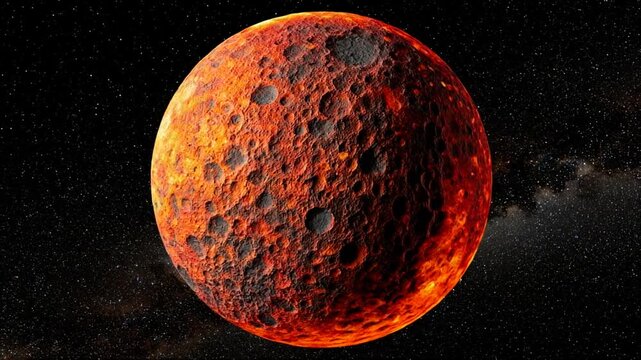 A vibrant celestial orb, cratered and glowing red, set against a dark, star-filled cosmic backdrop