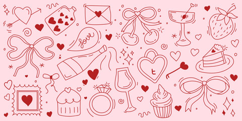 Naklejka premium A set of cute hand-drawn icons featuring hearts, love symbols, bows, strawberries, champagne, and desserts. Perfect for all lovers, cards, invitations, weddings, and birthdays. Vintage vector