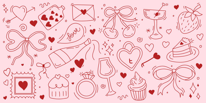 A set of cute hand-drawn icons featuring hearts, love symbols, bows, strawberries, champagne, and desserts. Perfect for all lovers, cards, invitations, weddings, and birthdays. Vintage vector