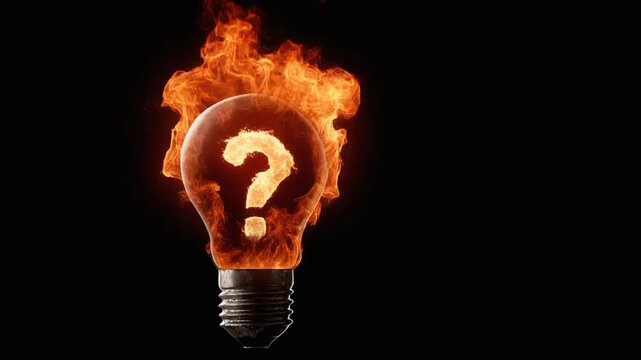 A burning light bulb with a question mark engulfed in flames on a black background