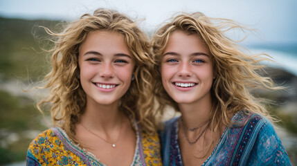 Fototapeta premium Blond young women enjoying a playful moment near the ocean cliffs, wind in their hair, casual summer clothing, wide open sky, bright natural light, laughter and movement captured n