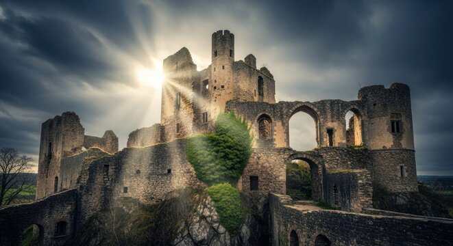 Ancient stone castle ruins against a dramatic cloudy sky with sun rays