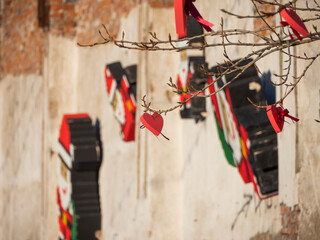 The decoration of red hearts hangs on branches of a tree. A symbol of the romantic relationship.