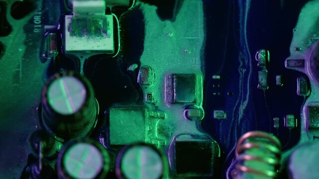 Paint drip. Electronic microchip. Defocused blue green neon colorful round glitter water texture processor on abstract art background.