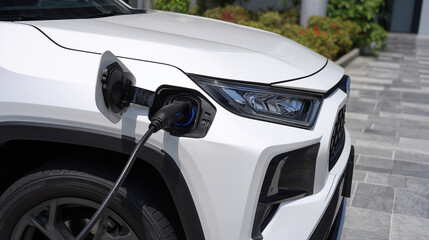 Fototapeta premium Macro of electric car charging port, clean transportation trend