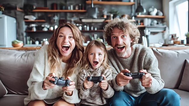 Fun gaming entertainment. A family of three, a man, woman and a girl, seated on a couch, each holding a joystick, playing a video game. The background is slightly blurred.