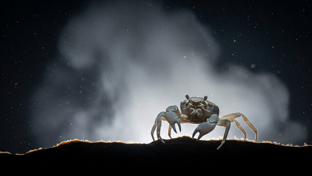 Ghost Crab on Sand Dune with Dramatic Backlighting and Particles