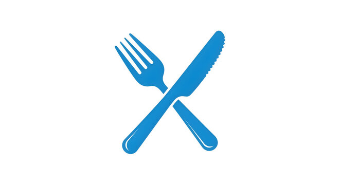 Crossed blue fork and knife utensils on white background symbolizing meal pause or finished dining