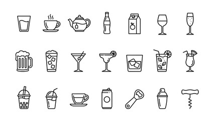 Minimalist Beverage and Cocktail Line Icon Set Featuring Coffee, Tea, Beer, Wine, Soda, Juice, Bubble Tea, and Bar Tools like Shaker and Corkscrew. Perfect for Menu Design and App Interfaces.