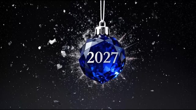 boule de noel &agrave; facettes bleues entour&eacute; d'une explosion de paillettes argent&eacute;es faisant penser &agrave; un flocon. isol&eacute; sur un fond noir. L'inscription 2027 est grav&eacute; dessus.