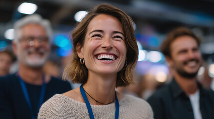 Obraz premium Close-up picture of a happy group of staff members laughing while listening to a startup business owner at a trade show, expressive smiles, natural candid reactions, exhibition boo