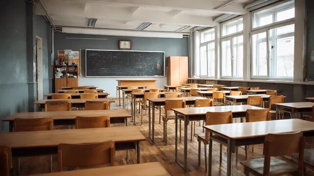 Education training class. Knowledge learning improvement study. An empty classroom with wooden desks and chairs arranged in neat rows, a blackboard in the background, a clock on the wall.