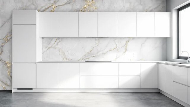 Modern white kitchen with sleek cabinets and a clean design. The wall transforms into luxurious white marble with golden accents.