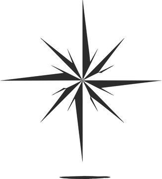Minimalist black compass rose navigation star with sharp pointed rays isolated on white background for nautical travel and adventure exploration logo design
