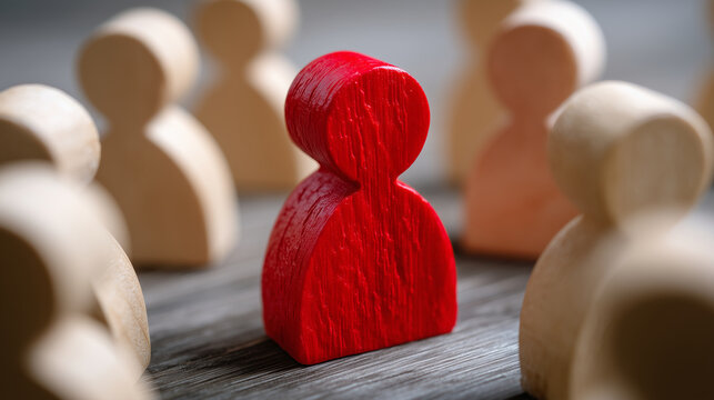 Close-up of a single vibrant red figurine surrounded by identical plain wooden figures, shallow depth of field emphasizing the red one, white seamless background, symbolic of uniqu