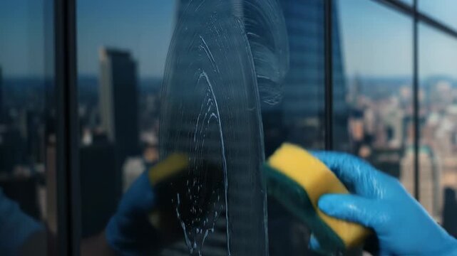 A gloved hand cleans a window with a sponge and soapy water. The city skyline is visible through the glass.
