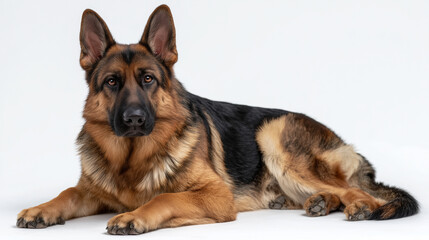 Majestic German Shepherd sitting upright, isolated on white background, tan and black coat, alert ears, sharp focused gaze, subtle shadow for realistic depth