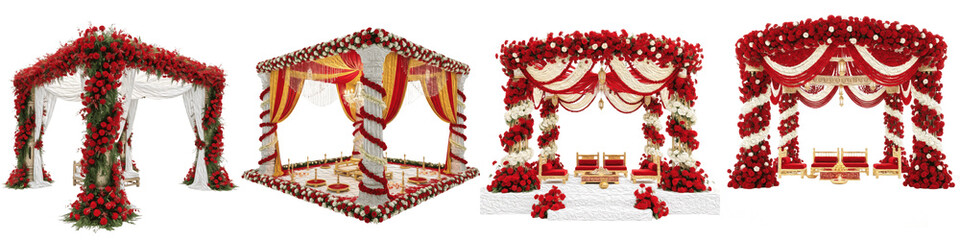Obraz premium Set of luxury wedding mandap canopies with red roses and white draping, isolated on transparent background PNG