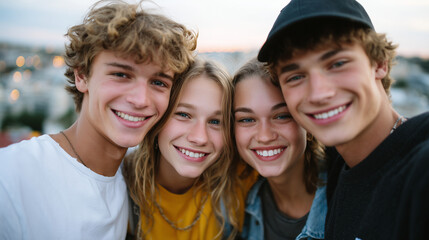 Fototapeta premium Four friends embracing and laughing, faces illuminated by soft golden light, joyful energy, diverse ethnicities, natural candid expressions, vibrant lifestyle photography style