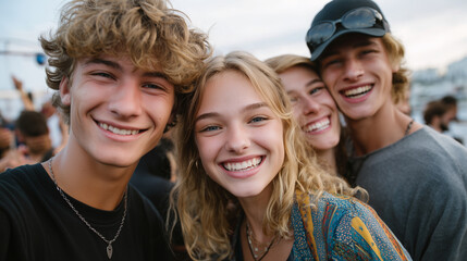 Obraz premium Group of four friends laughing together at a casual gathering, candid expressions, sunlight creating soft highlights on faces, strong sense of connection and cheerfulness