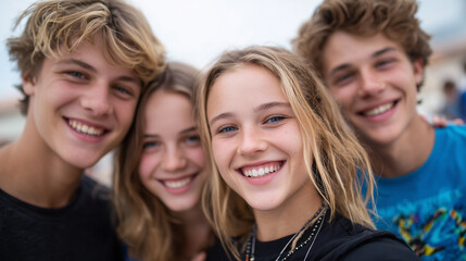 Obraz premium Four young friends sharing a fun moment, eyes bright and wide smiles, natural gestures, shallow background emphasizing their faces, authentic joy and friendship