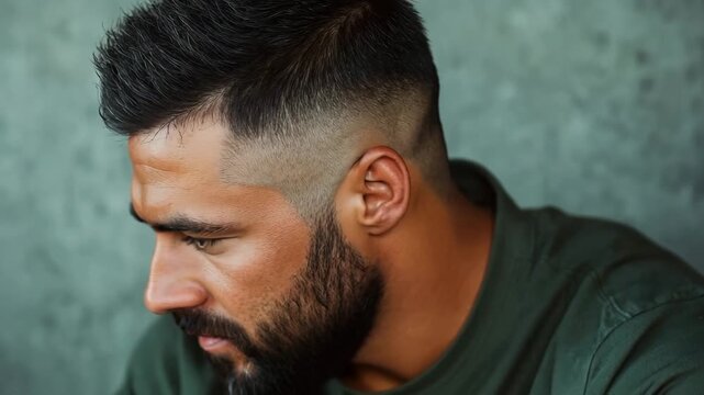 Handsome caucasian man with a trendy beard and fade haircut turning his head slowly