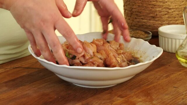 Process of seasoning chicken slices for cooking
