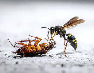 Naklejka premium A stunning macro shot of a wasp preying on a cockroach. This detailed image captures the raw power of nature and biological pest control, perfect for educational and scientific use.