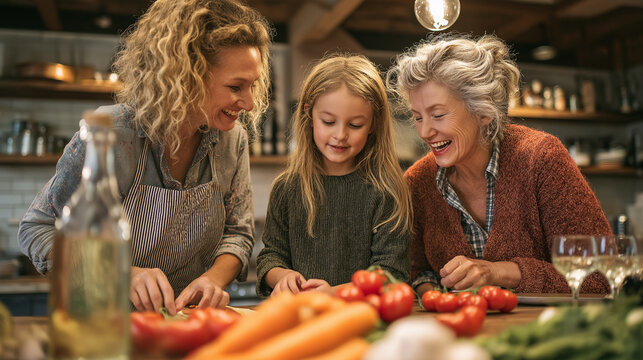 Three generations of women, a grandmother, mother, and daughter, joyfully preparing fresh vegetables together in a cozy kitchen, showcasing family bonding and culinary traditions