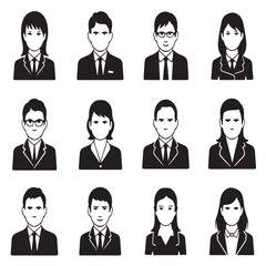 Set of twelve black business people avatars vector illustration of men and women in suits and business attire user profile picture blank faces