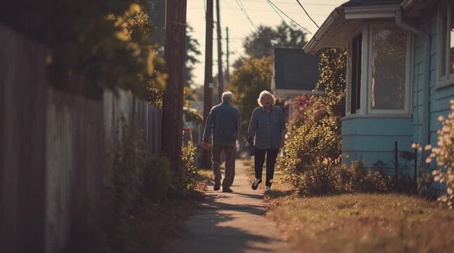 Elderly couple walking slowly through their familiar neighborhood. Authentic human connection, local perspective, real emotions, and unposed interaction captured in natural light.
