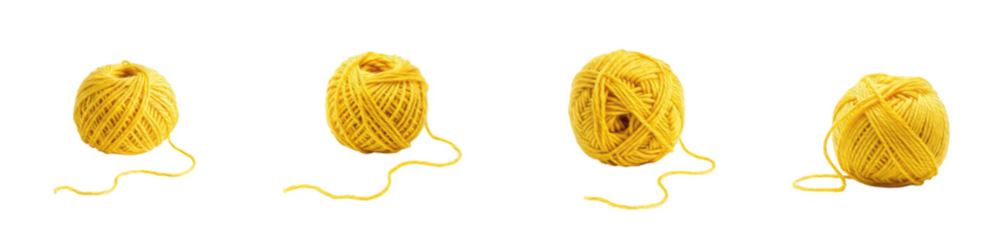 Set of yellow wool yarn balls, soft cotton thread skeins for knitting and crochet hobby crafts, isolated PNG on transparent background
