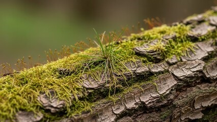 Mossy Tree Bark With Sprouting Grass Detailed Macro View
