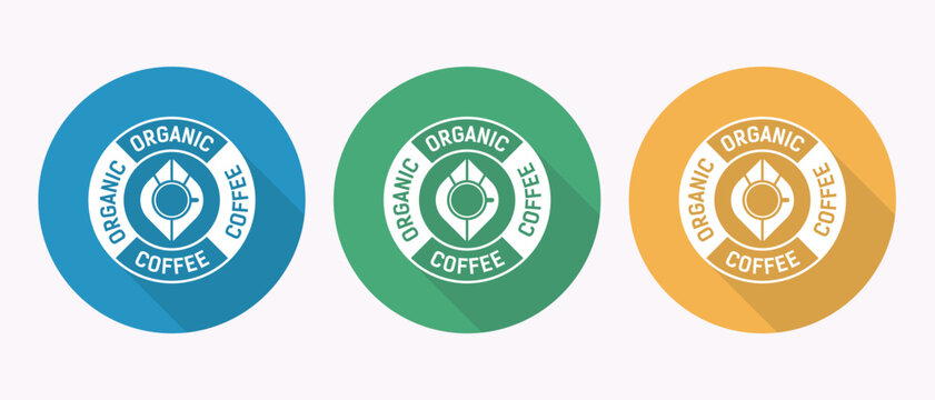 Three circular badges with organic coffee text and leaf on white background