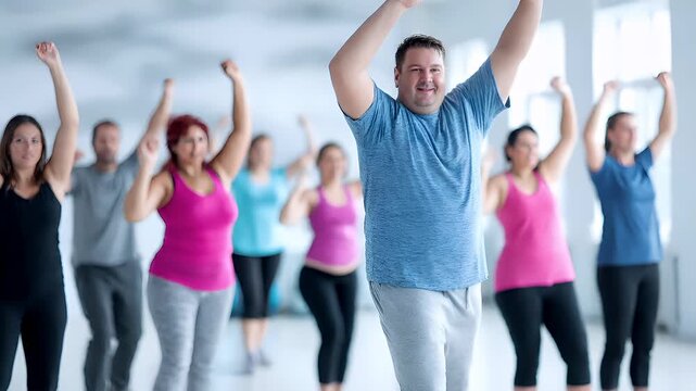 Education training class. Knowledge learning improvement study. A group of people in a dance class, with a man in the foreground wearing a blue tshirt and gray pants. The background is blurred.