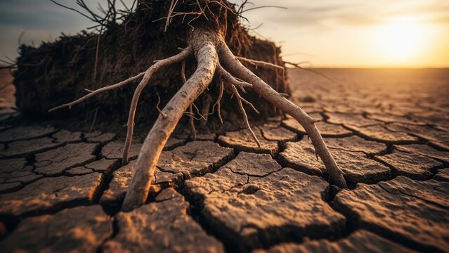Resilience Of Nature Symbolized By Exposed Roots On Cracked Arid Earth