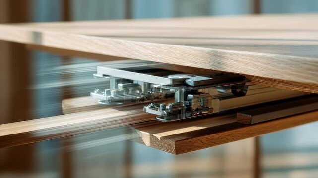Extendable dining table captured midextension with closeup on the sliding mechanism leaving the rest creatively blurred showcasing functionality.