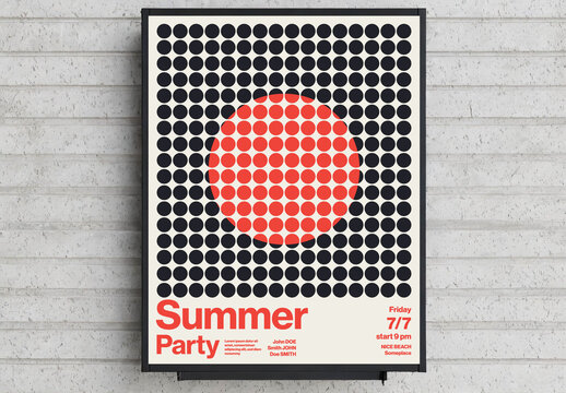 Retro Summer Party Poster Template with Abstract Dots and Sun