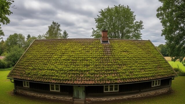 Rustic Gable Roof Covered In Lush Green Moss With Chimney And Surrounding Trees
