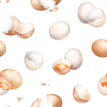 Watercolor hand drawn eggs and eggshells. Seamless pattern isolated on white background. Realistic illustration of brown and white raw chicken eggs, shell cracked in half, egg yolk
