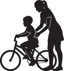 Fototapeta premium Woman helping a child learn to ride a bike