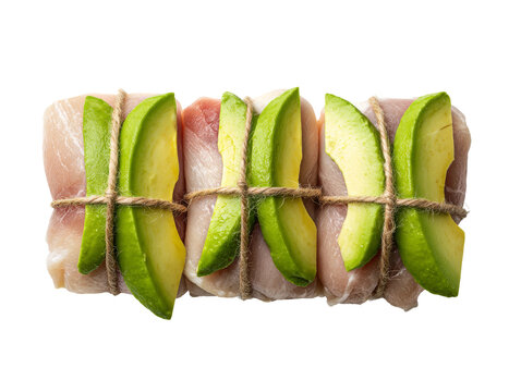 Fresh avocado slices beautifully arranged atop a block of fish, tied with twine, offering a tantalizing culinary image Isolated Transparent Background, PNG