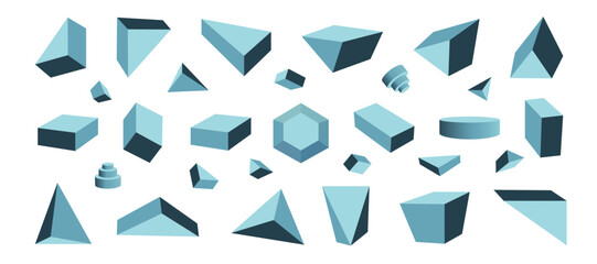 Collection of isometric abstract 3D shapes. Minimal geometric three dimensional vector forms isolated on white background for business design, presentation layouts, web and creative projects