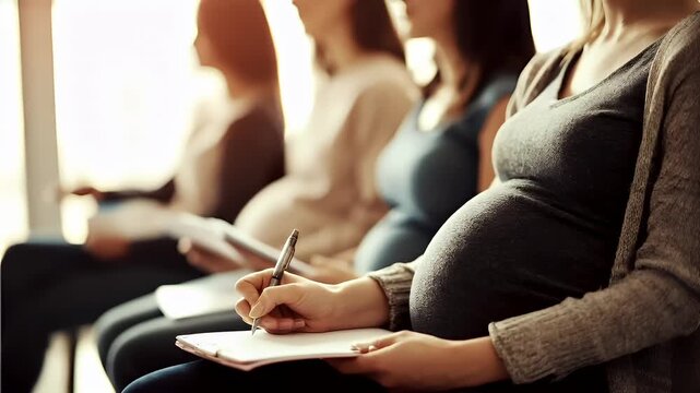 Education training class. Knowledge learning improvement study. A woman in a gray sweater writing on a notepad with a pen while seated in a row of other women. The background is slightly blurred.