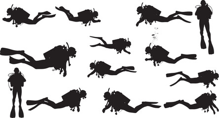 Set of black silhouettes featuring diverse martial arts athletes performing karate kicks punches and combat stances isolated on white background for sport and self defense © Nupoor's World