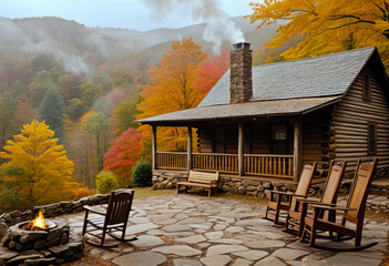 Log cabin in mountains, wooden porch with stone foundation, rocking chairs in the yard, stone chimney with smoke, golden foliage, misty colorful mountains background