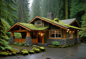 Craftsman bungalow in Pacific Northwest rainforest, river stone porch columns, deep eaves, mossy roof
